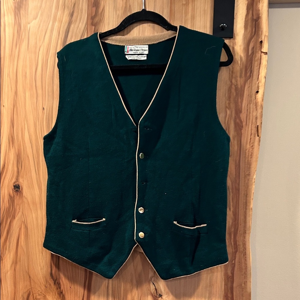 Vintage Green Wool Vest with tan Piping made in Italy